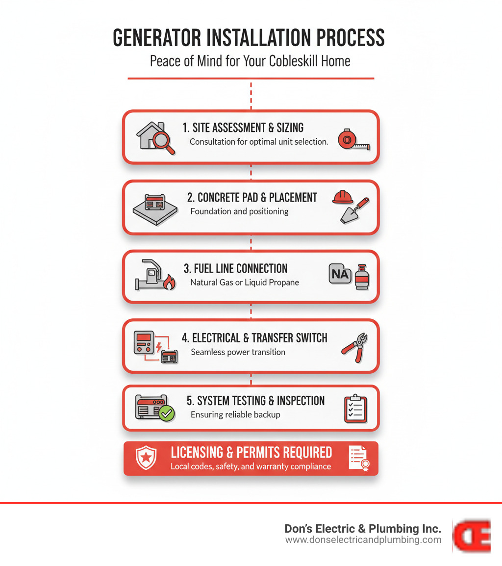 Infographic showing the automatic generator installation process: 1) Site assessment and sizing consultation 2) Concrete pad preparation and generator placement 3) Fuel line connection (natural gas or propane) 4) Automatic transfer switch installation and electrical connections 5) System testing and final inspection, with emphasis on proper licensing and permits required - licensed generator installer cobleskill infographic  Infographic showing the automatic generator installation process: 1) Site assessment and sizing consultation 2) Concrete pad preparation and generator placement 3) Fuel line connection (natural gas or propane) 4) Automatic transfer switch installation and electrical connections 5) System testing and final inspection, with emphasis on proper licensing and permits required - licensed generator installer cobleskill infographic