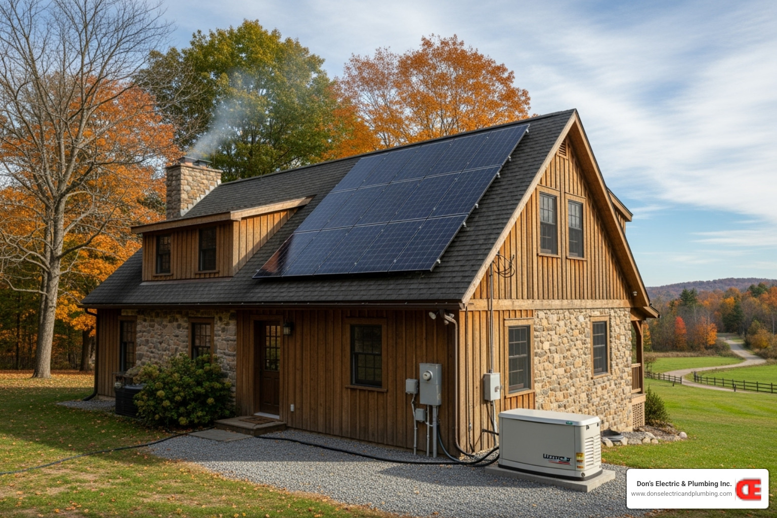 A cozy home in Broadalbin, NY, with a visible backup generator unit beside it and solar panels on the roof, symbolizing integrated electrical systems - best surge protection installer broadalbin A cozy home in Broadalbin, NY, with a visible backup generator unit beside it and solar panels on the roof, symbolizing integrated electrical systems - best surge protection installer broadalbin
