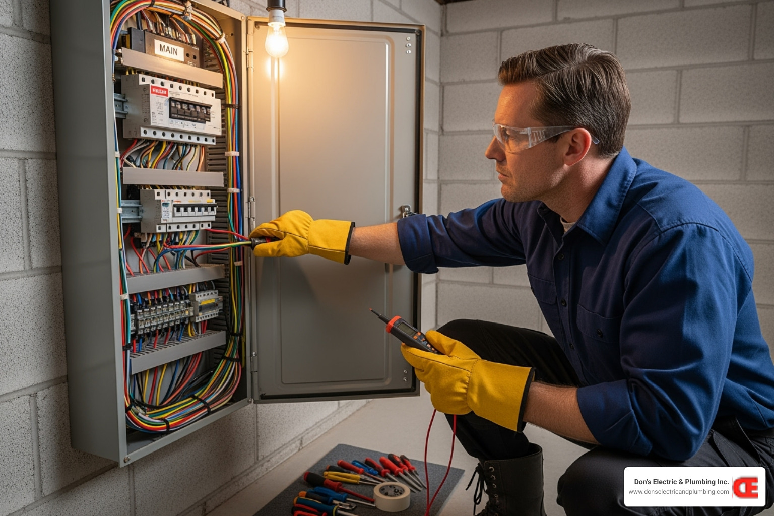 A professional electrician, wearing safety gear, carefully inspects an electrical panel inside a home - best surge protection installer broadalbin A professional electrician, wearing safety gear, carefully inspects an electrical panel inside a home - best surge protection installer broadalbin
