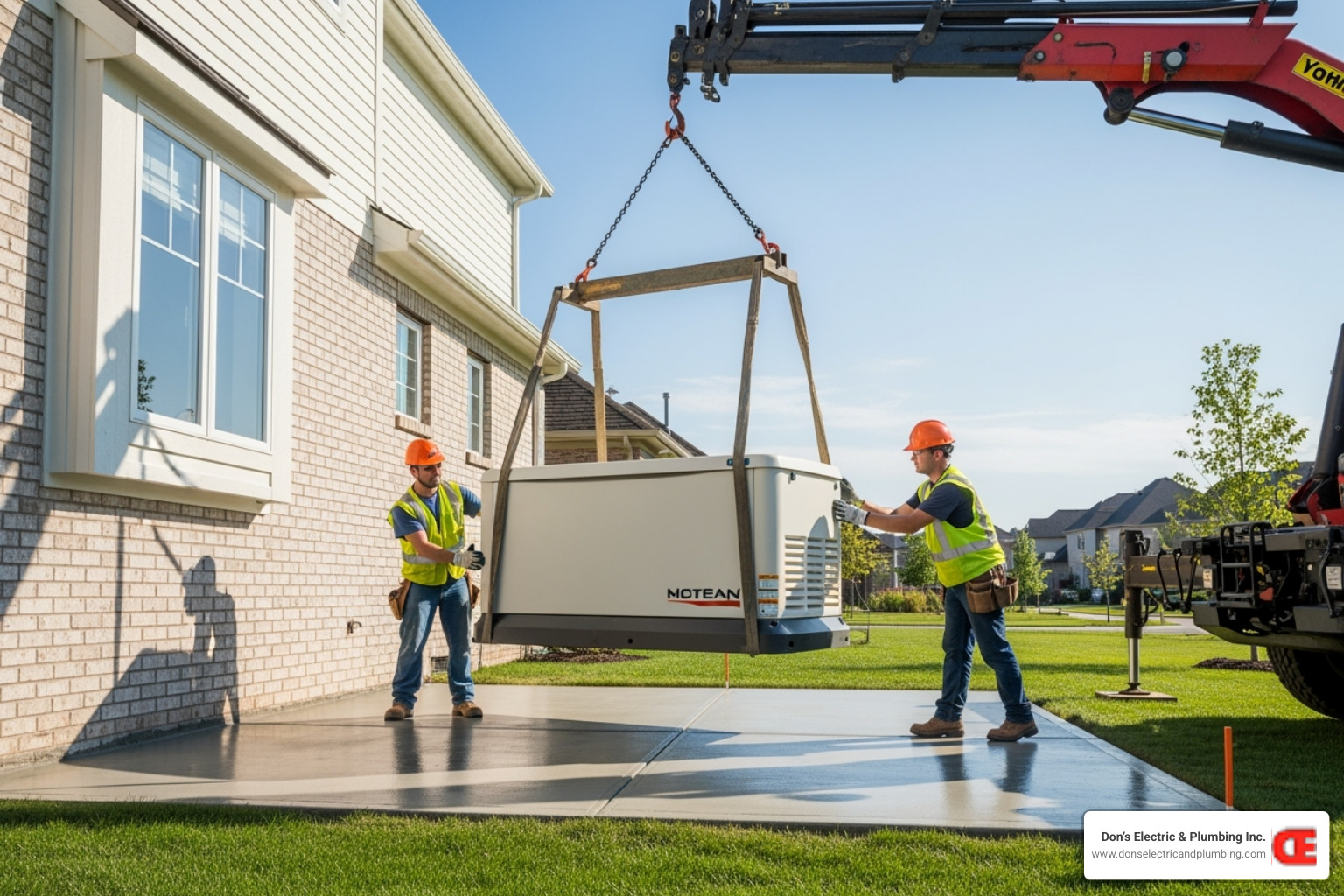 Generator being placed on a concrete pad next to a house - licensed generator installer cobleskill Generator being placed on a concrete pad next to a house - licensed generator installer cobleskill