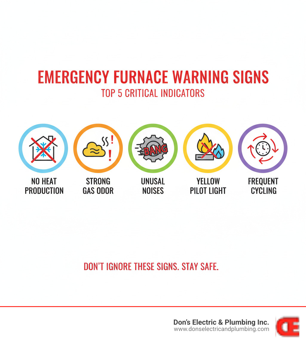 Infographic showing the top 5 emergency furnace warning signs: no heat production with thermostat settings checked, strong gas odors requiring immediate evacuation, unusual mechanical noises like banging or scraping, yellow or flickering pilot light instead of steady blue flame, and system cycling on and off frequently throughout the day - 24/7 furnace repair minden infographic 