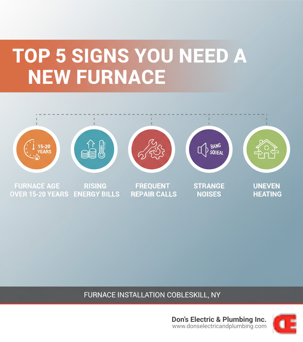 Infographic showing the top 5 signs you need a new furnace: furnace age over 15-20 years, rising monthly energy bills despite similar usage, frequent repair calls and breakdowns, strange noises like banging or squealing sounds, and uneven heating with some rooms too hot or cold - furnace installation cobleskill ny infographic 
