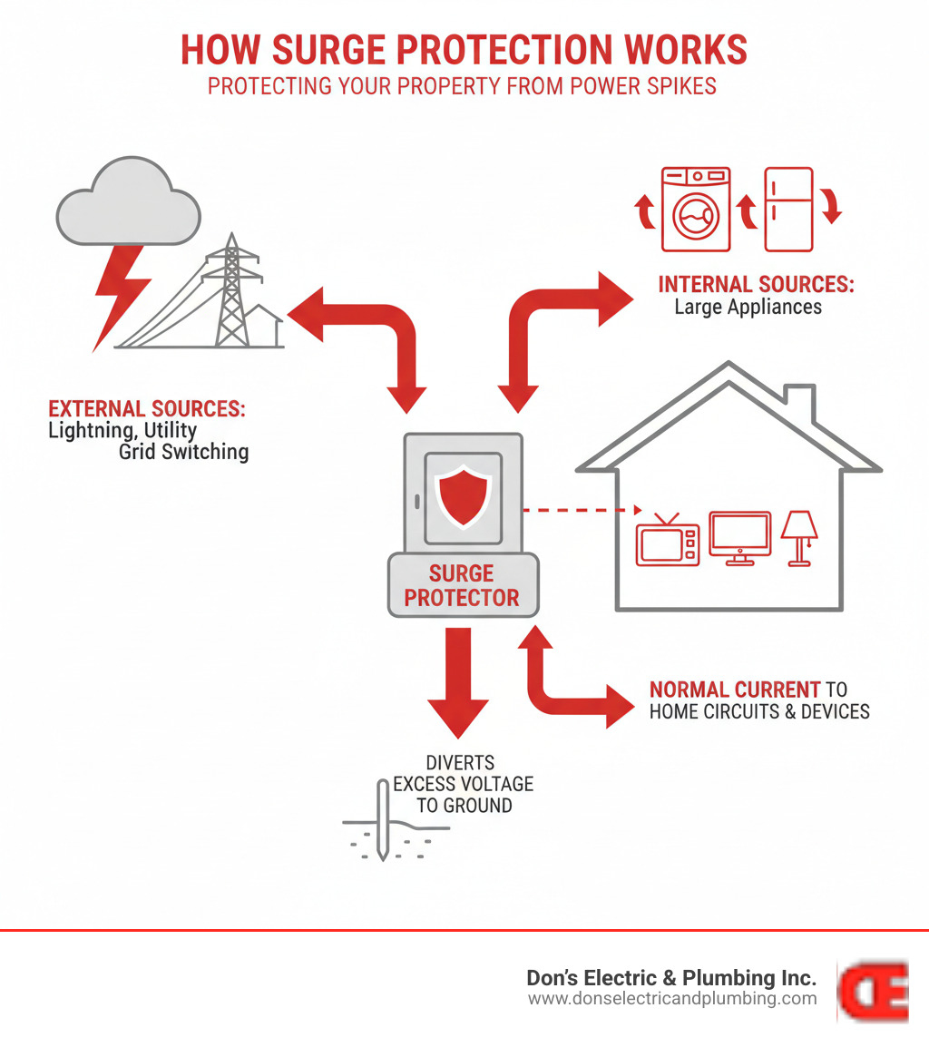 Detailed infographic showing how power surges originate from external sources like lightning strikes and utility grid switching, plus internal sources like large appliances cycling on and off, with arrows demonstrating how a surge protector at the electrical panel diverts excess voltage safely to ground while allowing normal current to flow to home circuits and devices - best surge protection installer broadalbin infographic Detailed infographic showing how power surges originate from external sources like lightning strikes and utility grid switching, plus internal sources like large appliances cycling on and off, with arrows demonstrating how a surge protector at the electrical panel diverts excess voltage safely to ground while allowing normal current to flow to home circuits and devices - best surge protection installer broadalbin infographic