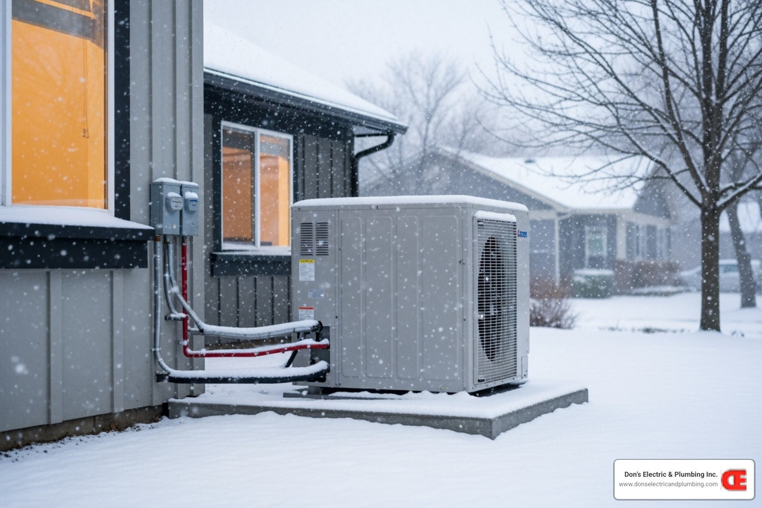 heat pump unit outside a home in a snowy setting - hvac installation minden