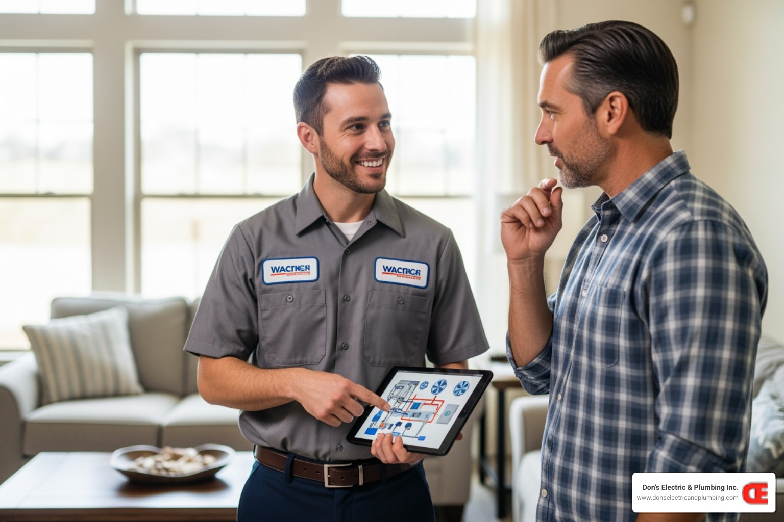 friendly technician in uniform discussing plans with a homeowner - hvac installation minden