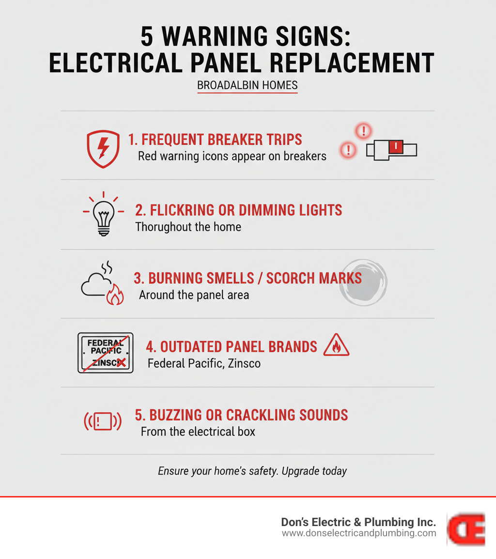 Comprehensive infographic showing the top 5 warning signs that indicate an electrical panel needs replacement: frequent breaker trips with red warning icons, flickering or dimming lights throughout the home, burning smells or scorch marks around the panel, outdated panel brands like Federal Pacific or Zinsco with hazard symbols, and buzzing or crackling sounds from the electrical box - panel replacement broadalbin infographic 