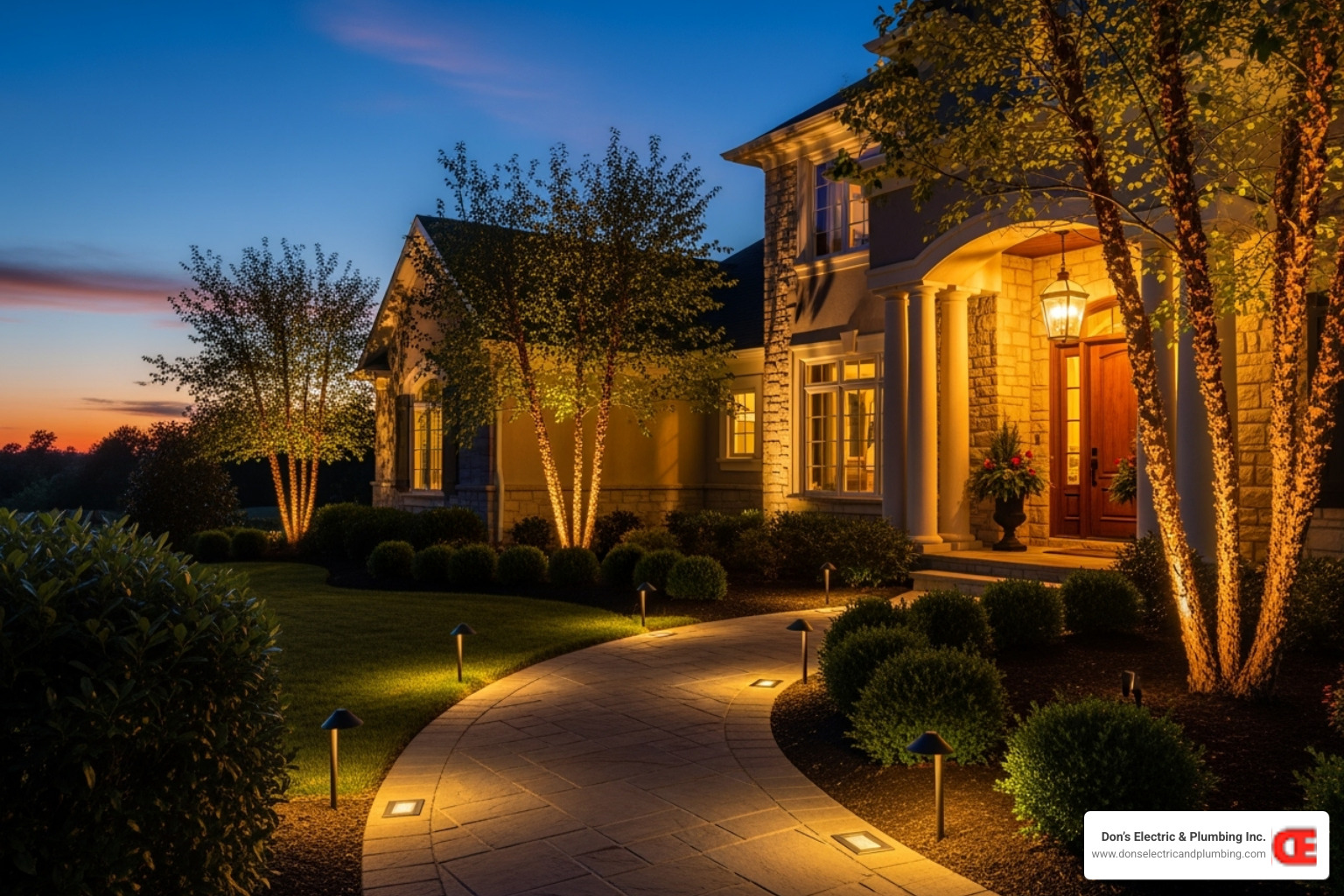 An illustration showcasing various types of exterior lighting on a single property, including pathway lights along a walkway, uplights highlighting trees and architectural features, and a warm porch light illuminating the entrance. - best lighting installer broadalbin An illustration showcasing various types of exterior lighting on a single property, including pathway lights along a walkway, uplights highlighting trees and architectural features, and a warm porch light illuminating the entrance. - best lighting installer broadalbin