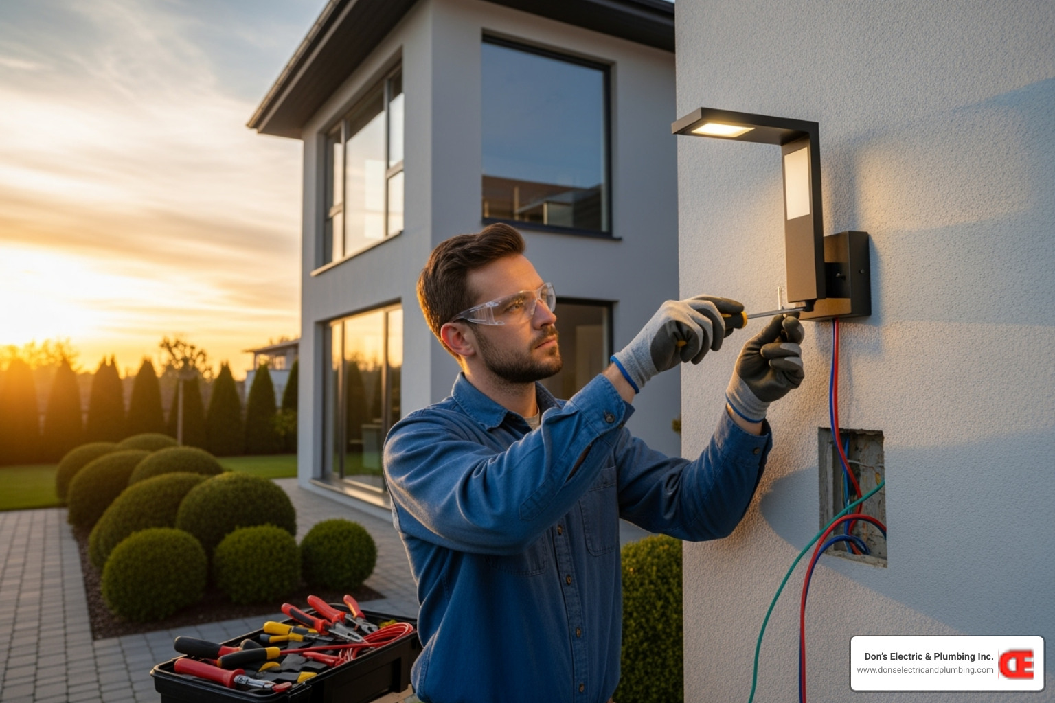 A skilled electrician carefully installing an outdoor light fixture on the exterior wall of a modern home, connecting wires securely and ensuring precise placement for optimal illumination and aesthetic appeal. - best lighting installer broadalbin A skilled electrician carefully installing an outdoor light fixture on the exterior wall of a modern home, connecting wires securely and ensuring precise placement for optimal illumination and aesthetic appeal. - best lighting installer broadalbin
