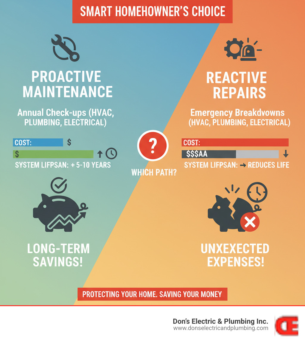 Infographic showing the cost comparison between proactive maintenance and reactive repairs, including annual maintenance costs versus emergency repair expenses, system lifespan extension, and long-term savings for HVAC, plumbing, and electrical systems - contractor maintenance canajoharie infographic 
