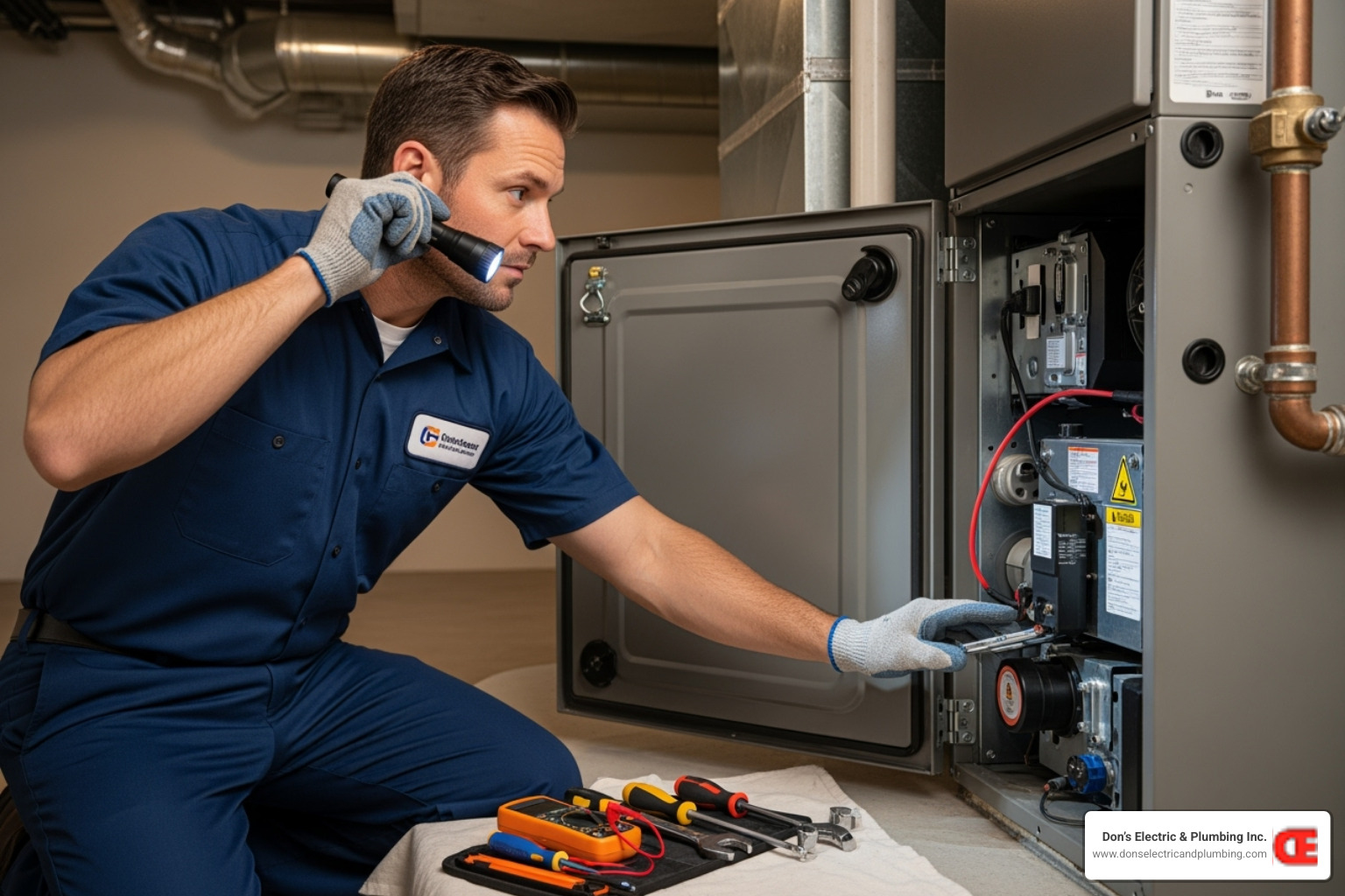 professional HVAC technician servicing furnace - heater troubleshooting minden