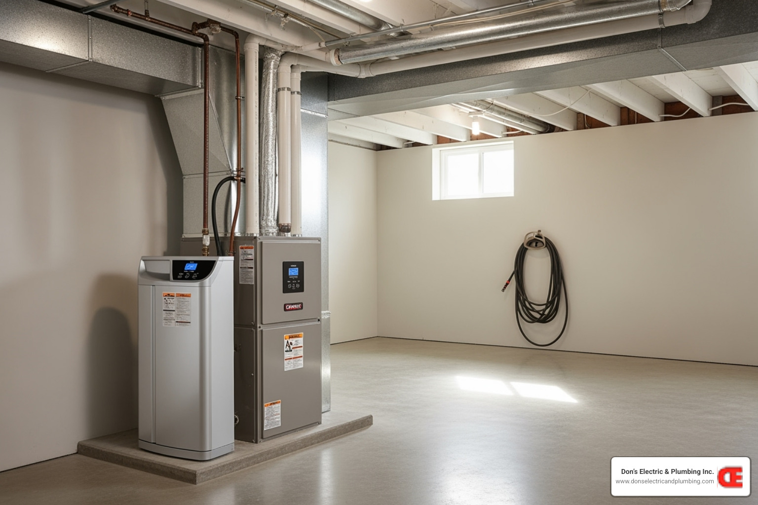 A high-efficiency HVAC unit in a clean basement - contractor maintenance canajoharie