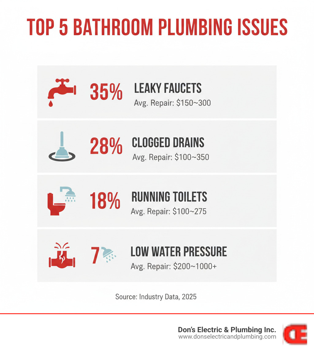 Infographic showing the top 5 most common bathroom plumbing issues: leaky faucets at 35%, clogged drains at 28%, running toilets at 18%, low water pressure at 12%, and burst pipes at 7%, with average repair costs listed for each problem type - bathroom plumbing minden infographic 