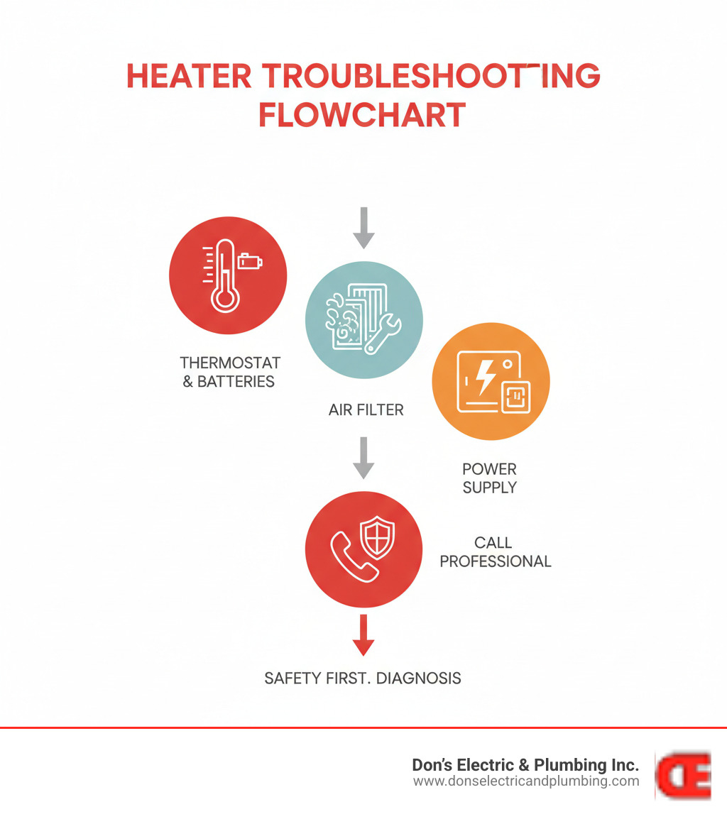 Infographic showing a simple heater troubleshooting flowchart with four main steps: First, check thermostat settings and batteries; Second, inspect and replace dirty air filter; Third, verify power supply including circuit breakers and emergency switches; Fourth, if problem persists, call a professional HVAC technician for safety and proper diagnosis - heater troubleshooting minden infographic 