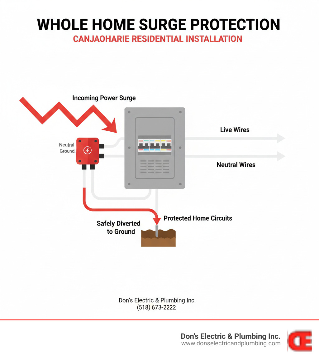 Comprehensive infographic showing the surge protection installation process at a residential electrical panel, including the main components: surge protector device mounted next to the breaker panel, connection to neutral and ground wires, and arrows indicating how surges are diverted safely to ground before entering home circuits - whole home surge protector canajoharie infographic  Comprehensive infographic showing the surge protection installation process at a residential electrical panel, including the main components: surge protector device mounted next to the breaker panel, connection to neutral and ground wires, and arrows indicating how surges are diverted safely to ground before entering home circuits - whole home surge protector canajoharie infographic
