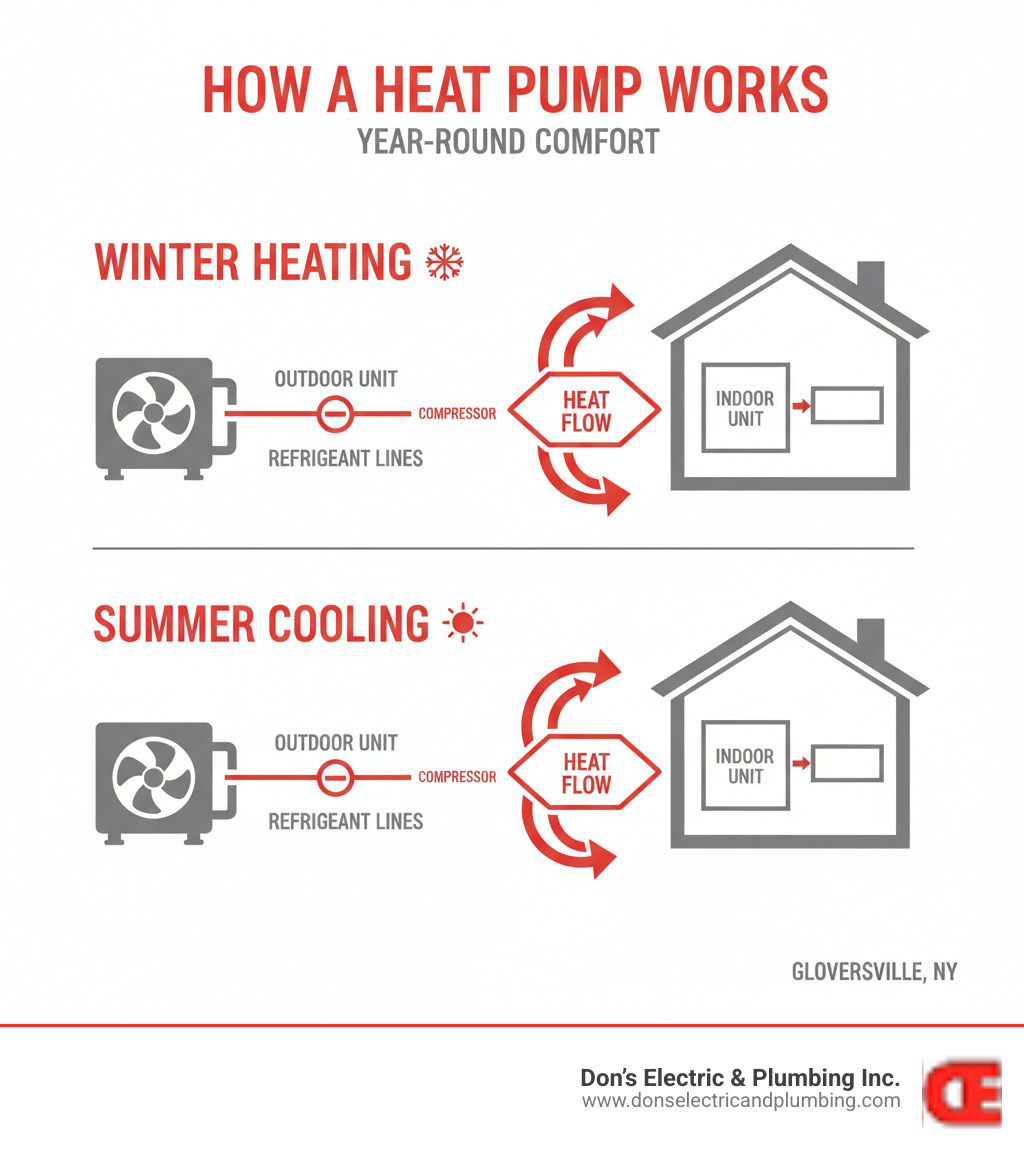Infographic showing how a heat pump system transfers heat from outside air or ground into your home during winter heating mode, and reverses the process during summer cooling mode, with arrows indicating heat flow direction and labeled components including outdoor unit, indoor unit, refrigerant lines, and compressor - best heat pump installer gloversville infographic Infographic showing how a heat pump system transfers heat from outside air or ground into your home during winter heating mode, and reverses the process during summer cooling mode, with arrows indicating heat flow direction and labeled components including outdoor unit, indoor unit, refrigerant lines, and compressor - best heat pump installer gloversville infographic