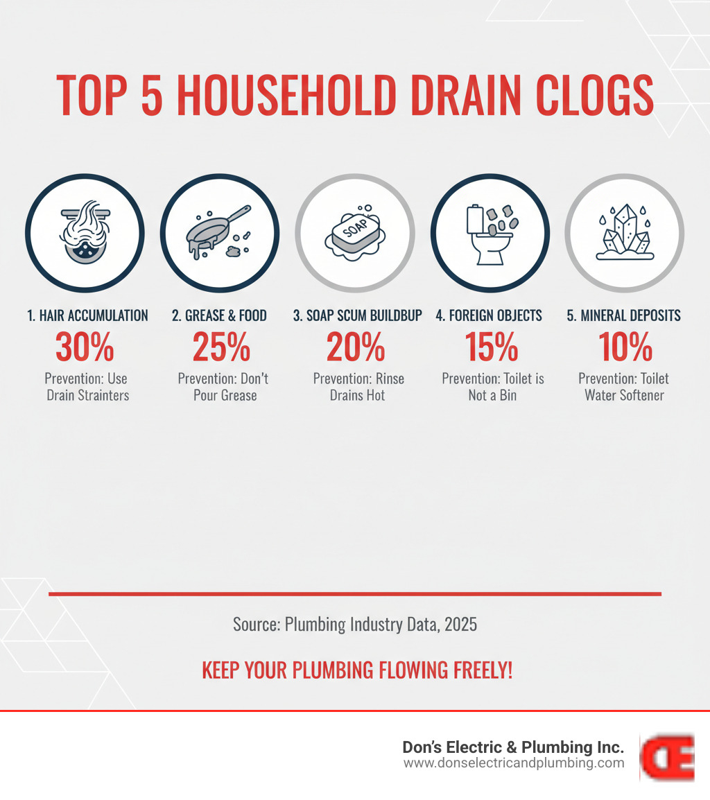 Infographic showing the top 5 causes of household drain clogs: hair accumulation in bathroom drains, grease and food particles in kitchen sinks, soap scum buildup, foreign objects flushed down toilets, and mineral deposits from hard water, with percentages and prevention tips for each cause - clogged drain palatine ny infographic Infographic showing the top 5 causes of household drain clogs: hair accumulation in bathroom drains, grease and food particles in kitchen sinks, soap scum buildup, foreign objects flushed down toilets, and mineral deposits from hard water, with percentages and prevention tips for each cause - clogged drain palatine ny infographic