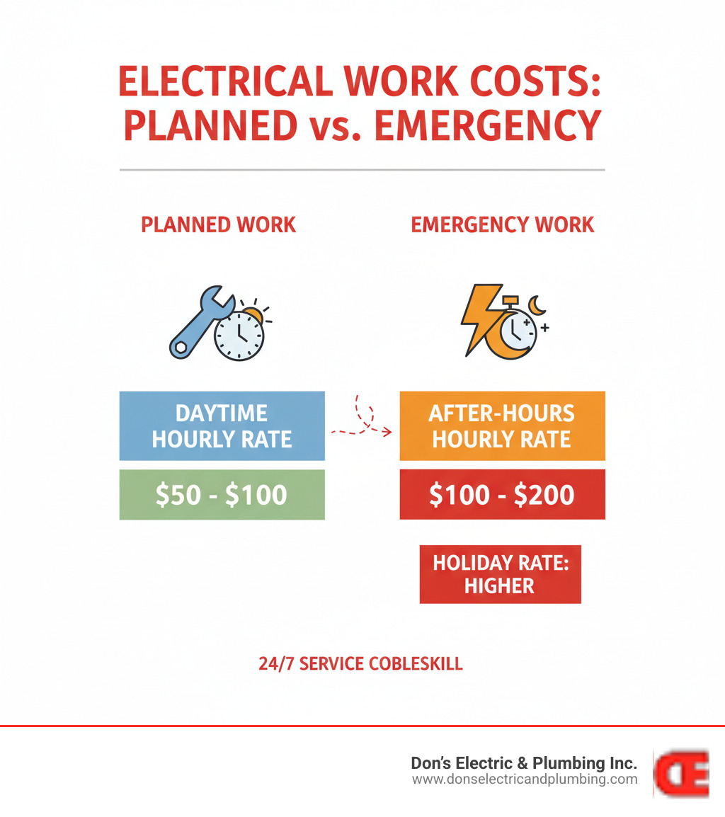 Table comparing typical costs for emergency vs. scheduled electrical work - 24 hour electrical service cobleskill infographic 