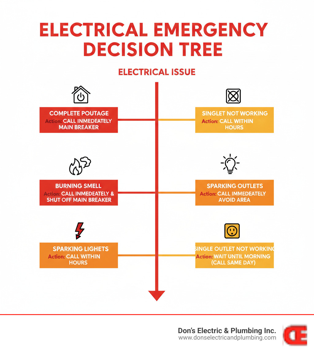 Infographic showing electrical emergency decision tree: Complete power outage (call immediately), burning smell (call immediately and shut off main breaker), sparking outlets (call immediately and avoid area), flickering lights (call within hours), single outlet not working (can wait until morning but call same day) - 24 hour electrical service cobleskill infographic 