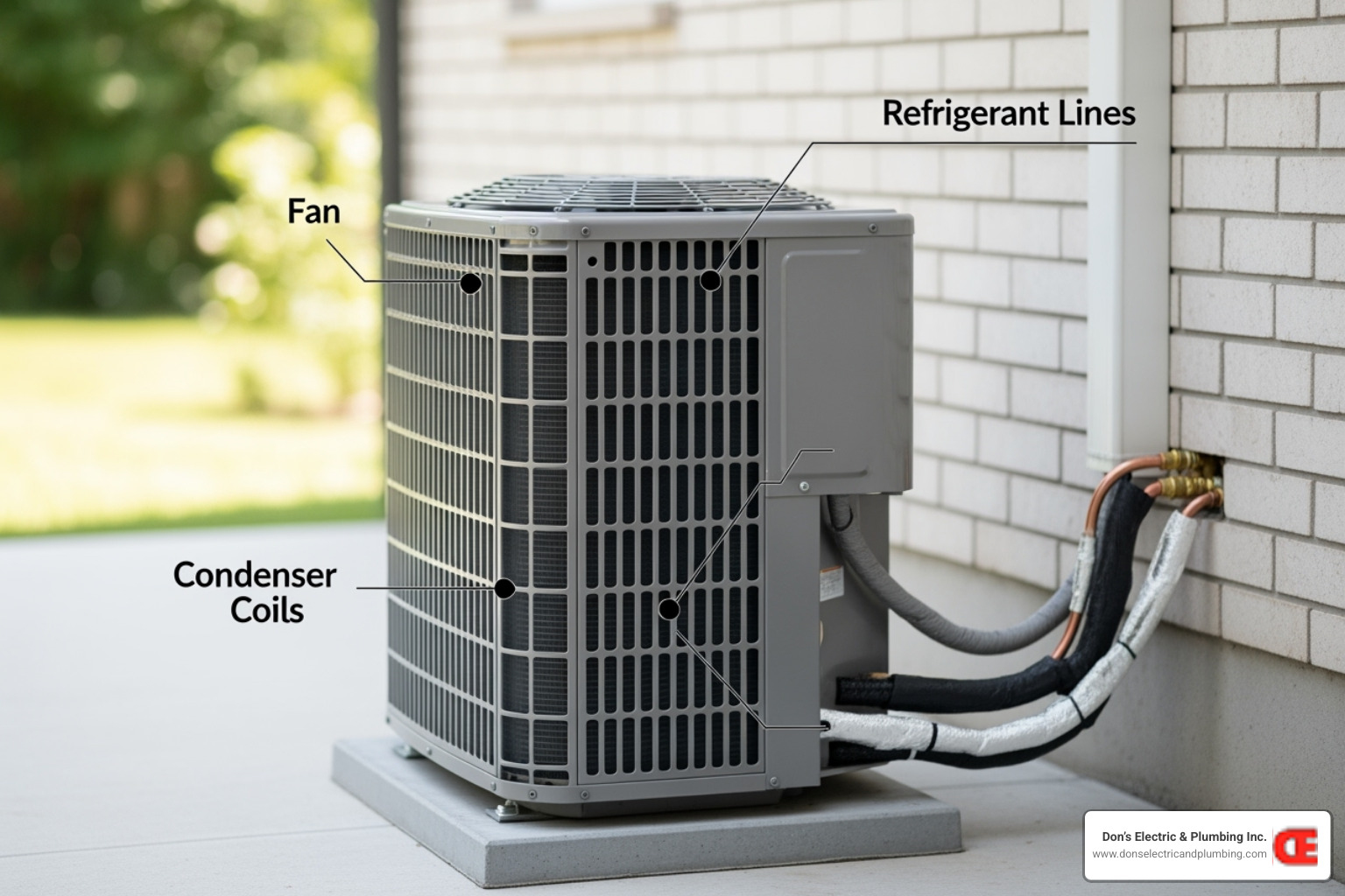 an outdoor AC unit with labels pointing to the fan, coils, and refrigerant lines - ac repair cobleskill ny