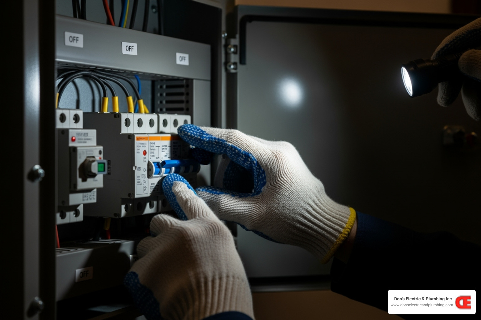 person safely turning off a main circuit breaker with a flashlight - 24 hour electrical service cobleskill