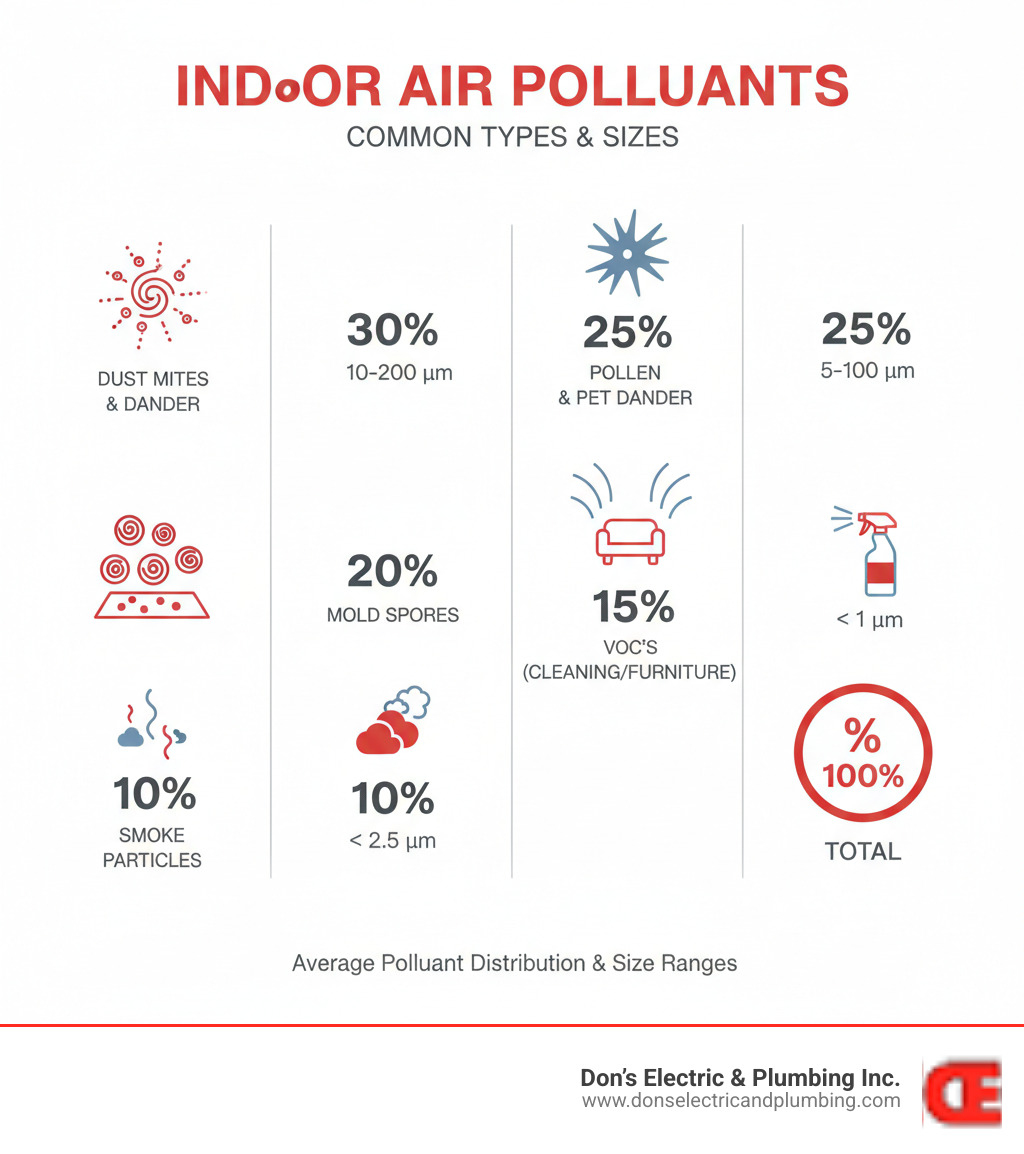 Infographic showing common indoor air pollutants including dust mites floating in sunbeams, pet dander particles, pollen grains, mold spores on surfaces, VOCs from cleaning products and furniture, and smoke particles, with percentage breakdowns of each pollutant type and their typical sizes in microns - affordable air purification broadalbin infographic 