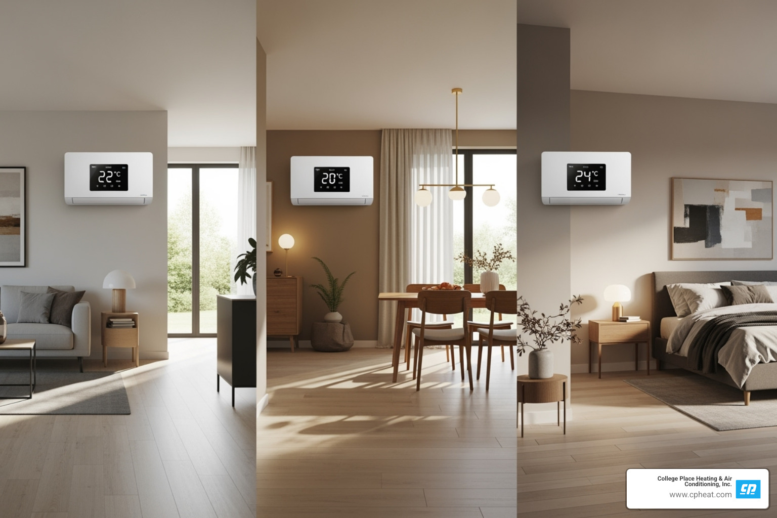 An interior image showing a multi-zone mini-split setup, with three different indoor units in separate rooms, each displaying a unique temperature setting on a digital screen, symbolizing personalized comfort - mini split installation college place wa