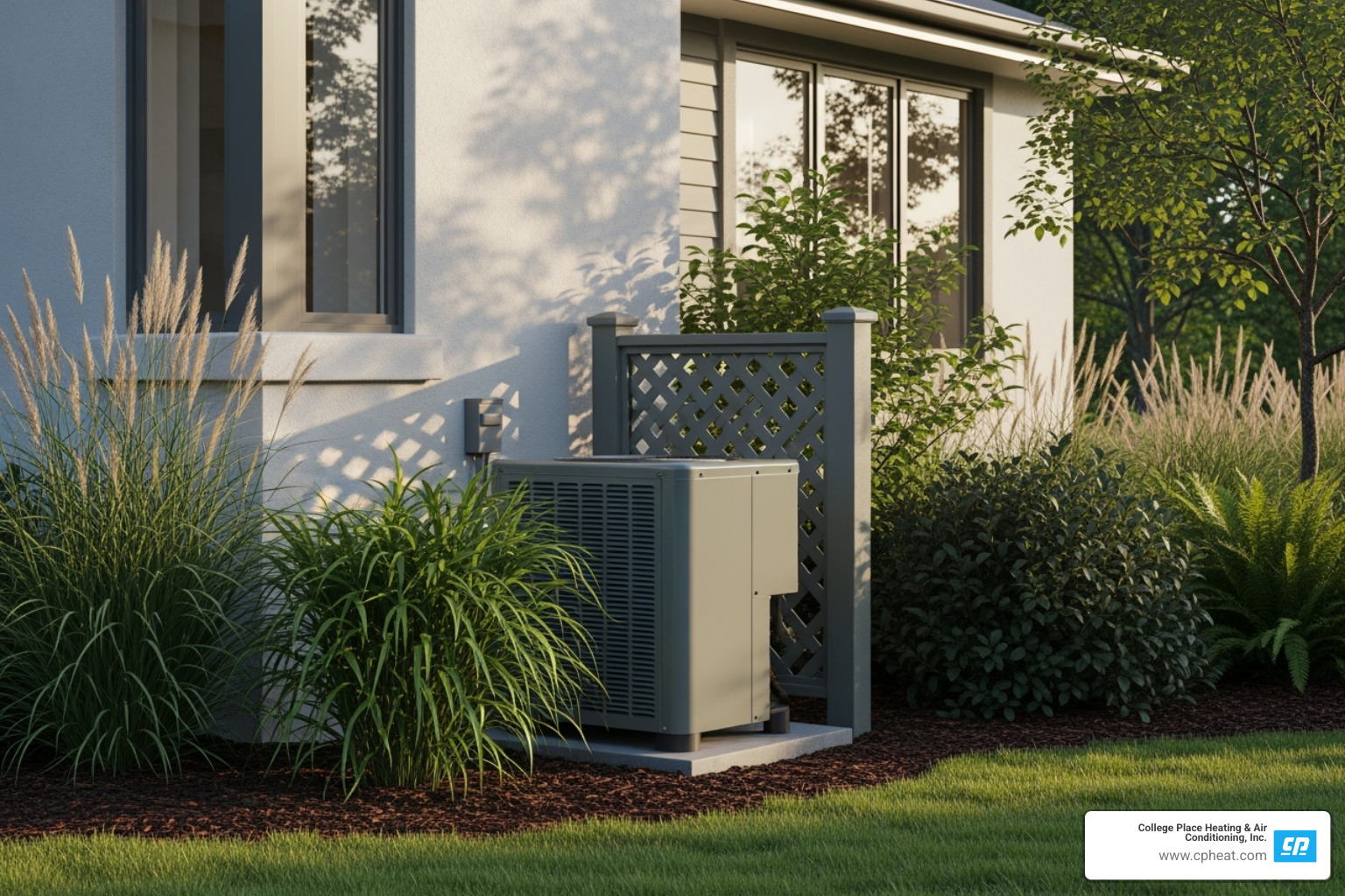 A discreet outdoor compressor unit placed next to the side of a modern home, blending seamlessly with the landscaping - mini split installation college place wa