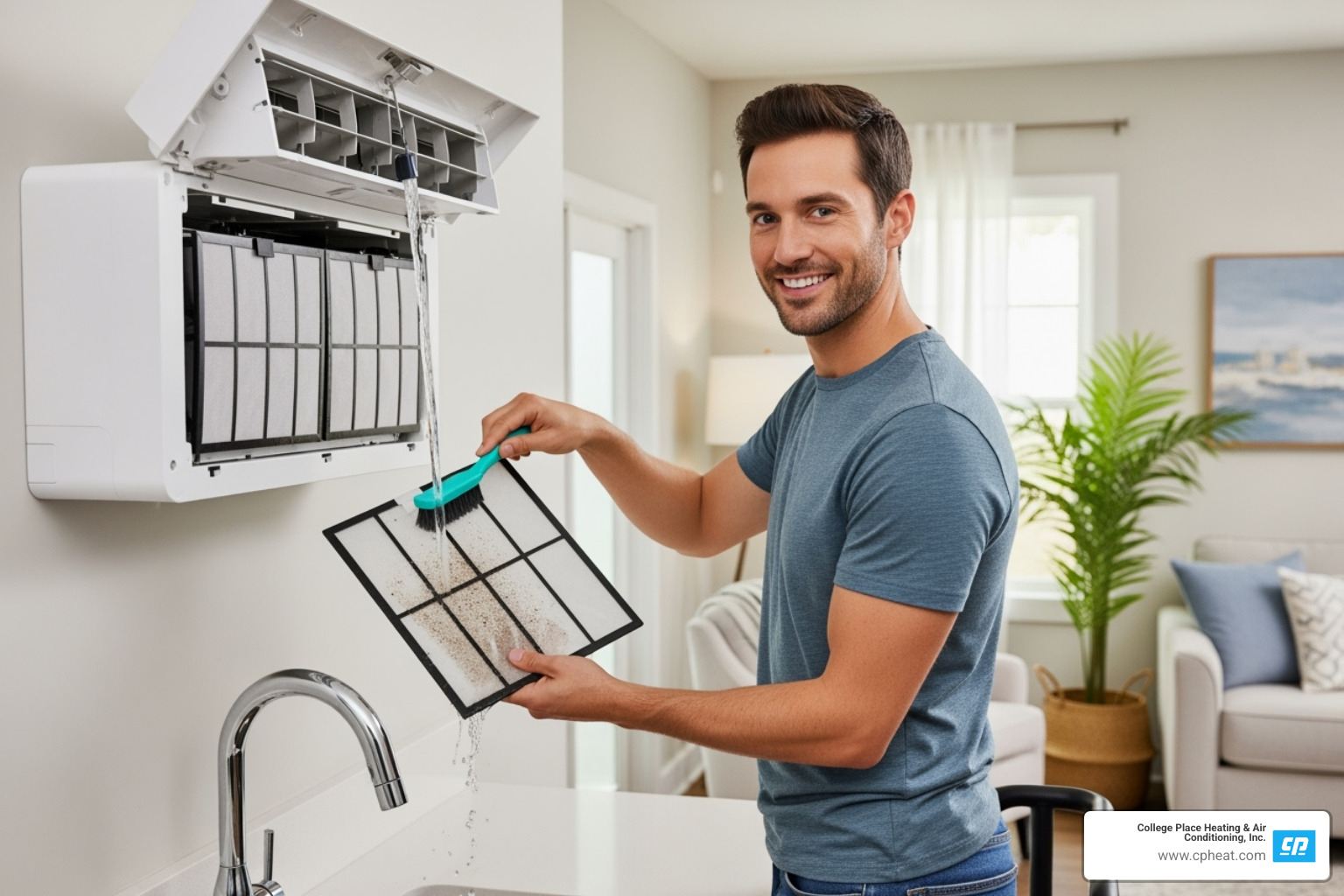 A homeowner with a friendly smile easily cleaning the washable filter of an indoor mini-split unit, demonstrating simple DIY maintenance - mini split installation college place wa