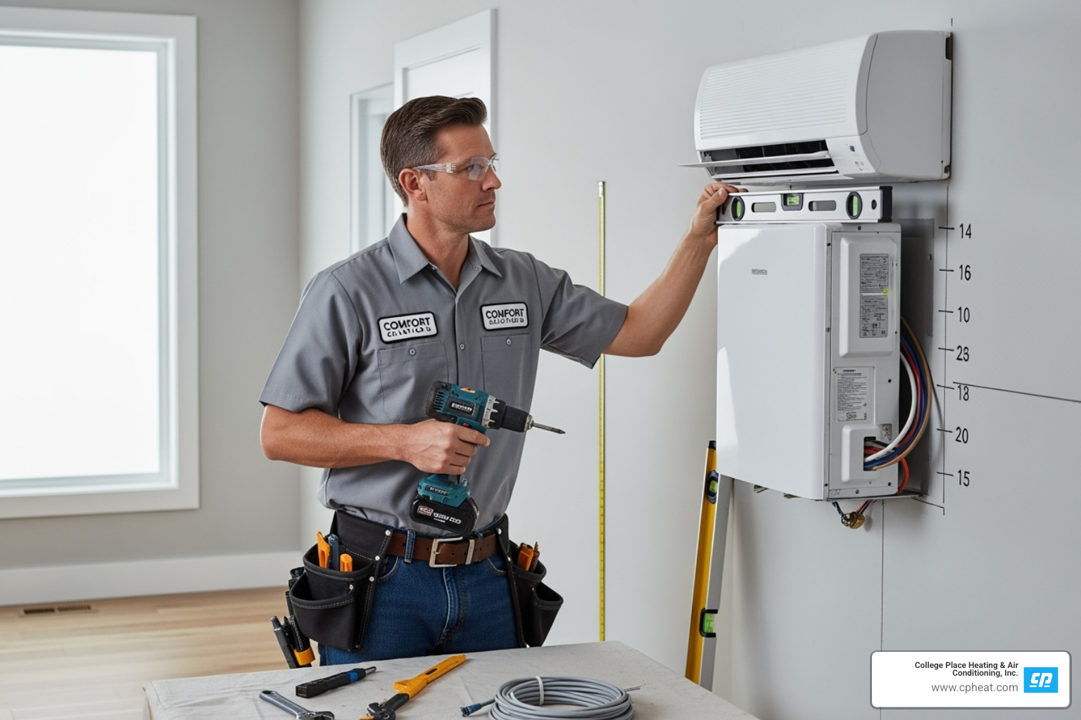 A certified HVAC technician carefully installing an indoor mini-split unit on a wall, ensuring precise measurements and secure mounting - mini split installation college place wa