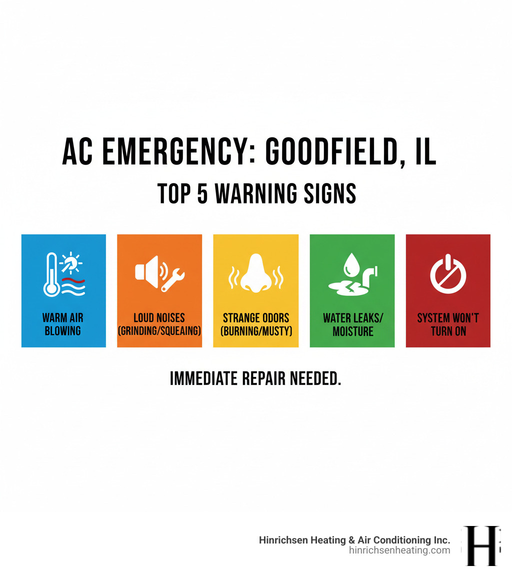 Comprehensive infographic showing the top 5 warning signs that your AC needs immediate emergency repair in Goodfield, IL: AC blowing warm air instead of cool air, unusual loud noises like grinding or squealing, strange burning or musty odors, water leaks or pooling moisture around the unit, and system completely failing to turn on, with icons and brief descriptions for each warning sign - emergency ac repair goodfield il infographic  Comprehensive infographic showing the top 5 warning signs that your AC needs immediate emergency repair in Goodfield, IL: AC blowing warm air instead of cool air, unusual loud noises like grinding or squealing, strange burning or musty odors, water leaks or pooling moisture around the unit, and system completely failing to turn on, with icons and brief descriptions for each warning sign - emergency ac repair goodfield il infographic