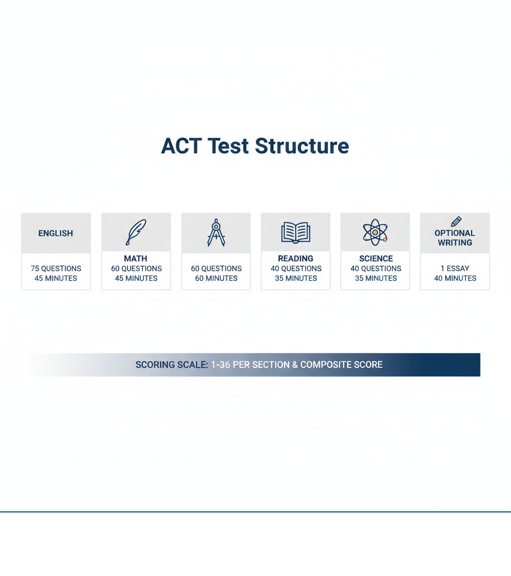 Infographic showing the four main ACT test sections: English (75 questions, 45 minutes), Math (60 questions, 60 minutes), Reading (40 questions, 35 minutes), and Science (40 questions, 35 minutes), plus the optional Writing section (1 essay, 40 minutes). Also displays scoring scale of 1-36 for each section and composite score. - ACT prep Massachusetts infographic 