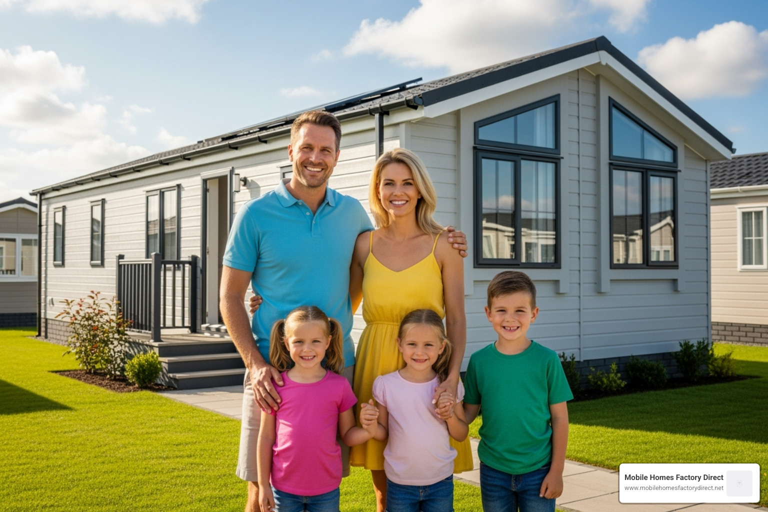 family in front of new single wide home - single wide mobile home sizes