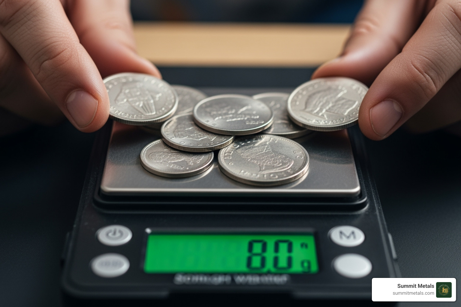 Person weighing silver coins on a small digital scale - scrap silver coin value