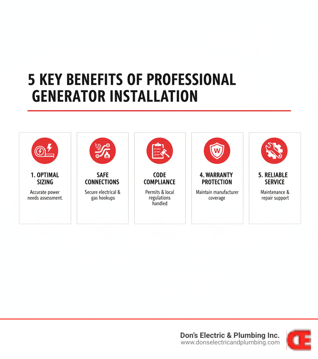 Infographic showing the 5 key benefits of hiring a professional generator installer: proper sizing and load calculation, safe electrical and gas connections, permit handling and code compliance, manufacturer warranty protection, and ongoing maintenance and repair services - best generator installer palatine infographic 