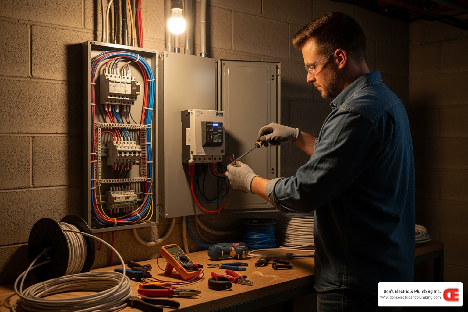 A certified technician installing an automatic transfer switch next to an electrical panel. - best generator installer palatine