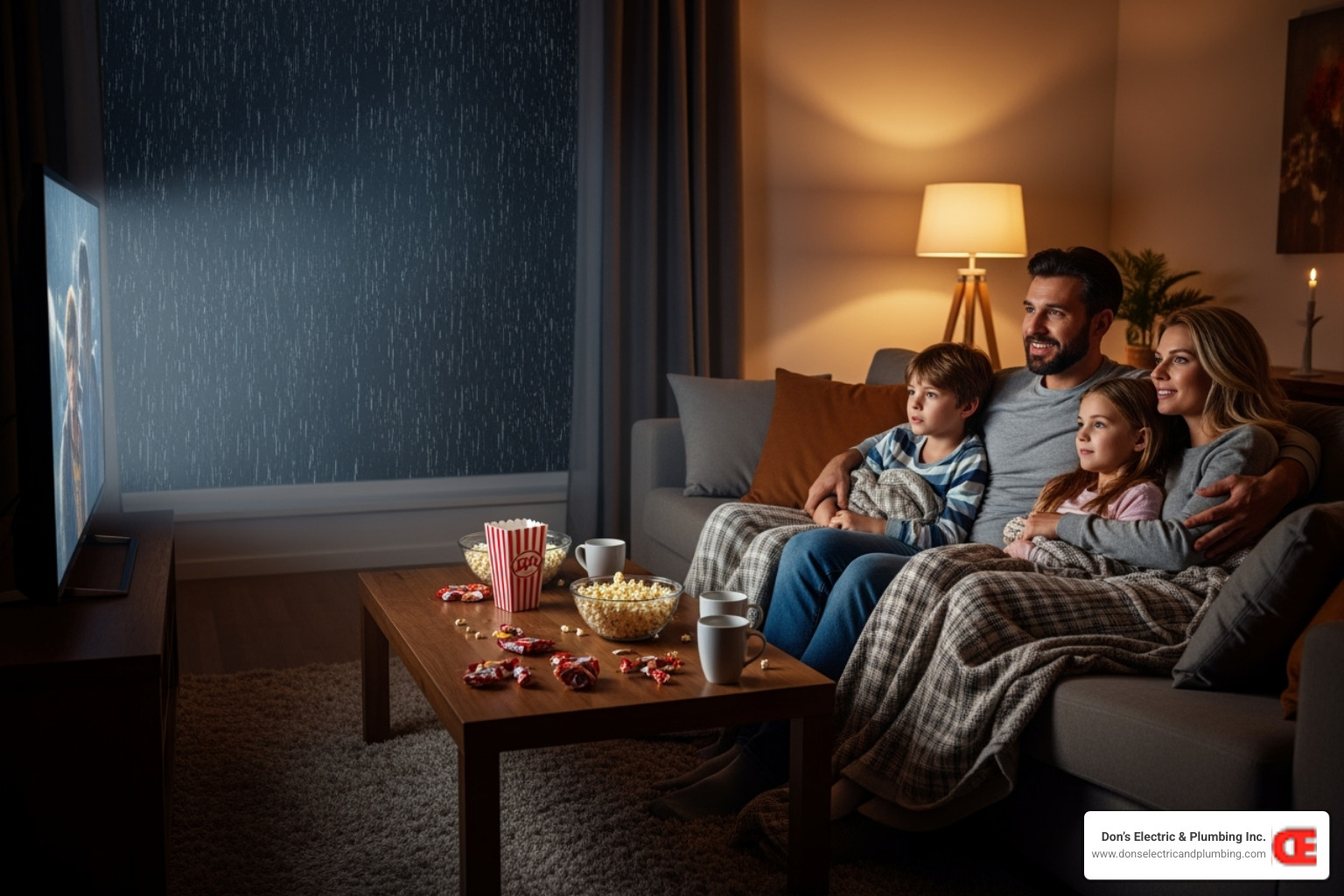 A family enjoying a movie night at home, unaffected by a storm raging outside. - best generator installer palatine