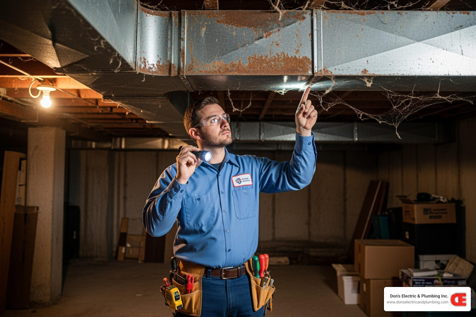 An HVAC technician carefully inspecting old ductwork in a residential basement, preparing for a new installation - air duct installation canajoharie