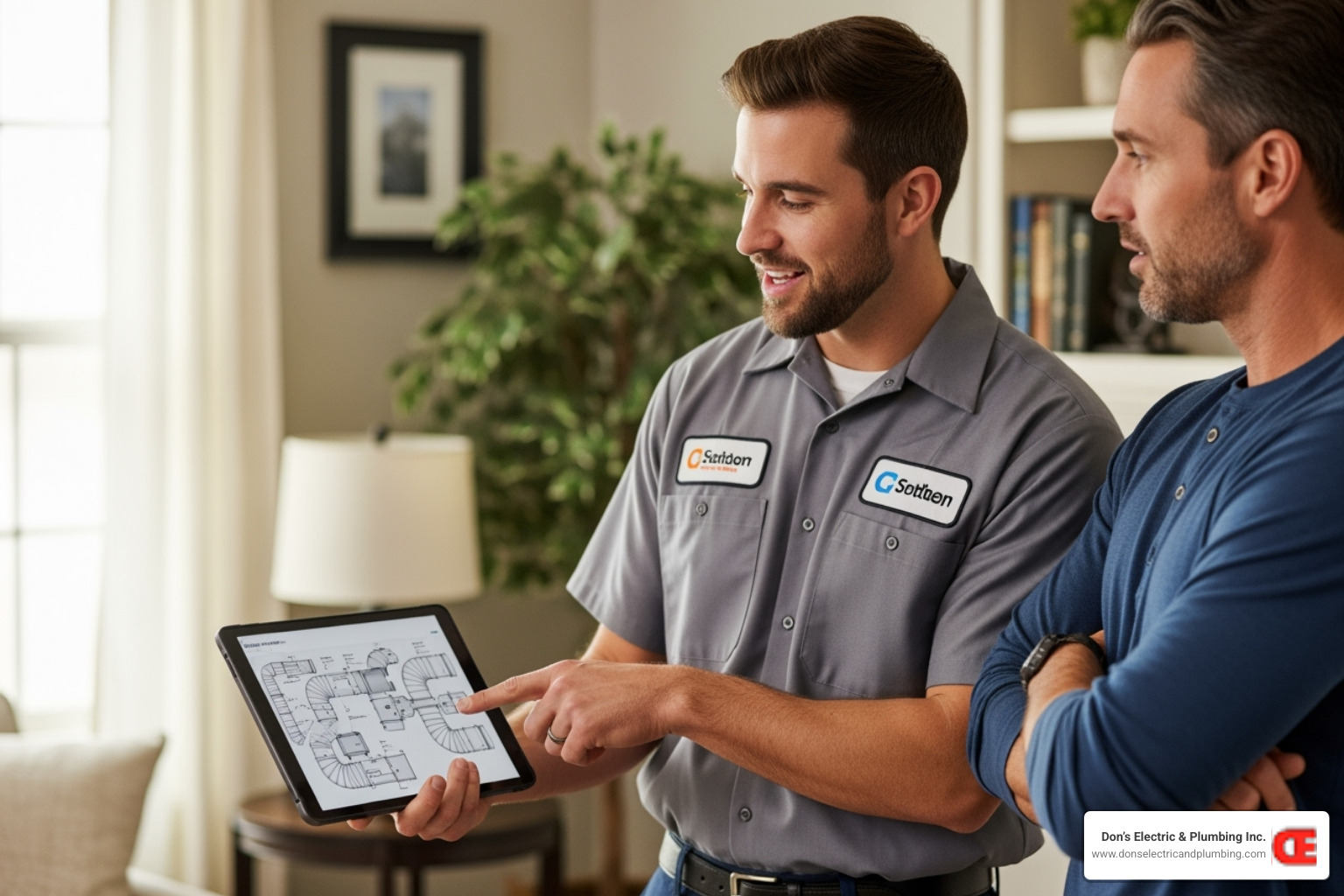 A friendly HVAC technician engaging in a conversation with a homeowner about their ductwork options, pointing to a diagram - air duct installation canajoharie