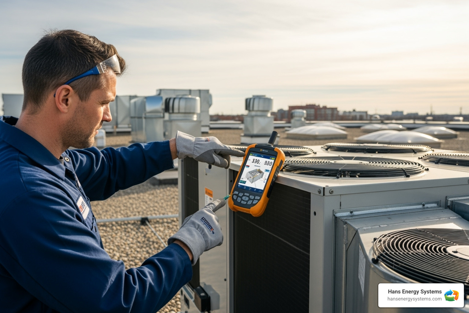 Technician performing a maintenance check on a commercial rooftop HVAC unit, pointing to a diagnostic tool - Business HVAC repair Technician performing a maintenance check on a commercial rooftop HVAC unit, pointing to a diagnostic tool - Business HVAC repair