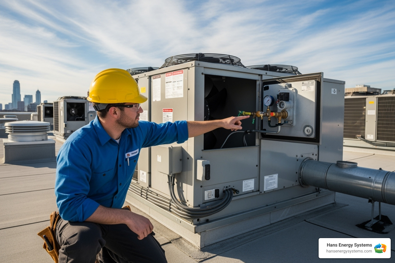 Technician inspecting a commercial rooftop HVAC unit, pointing to a component - Business HVAC repair Technician inspecting a commercial rooftop HVAC unit, pointing to a component - Business HVAC repair