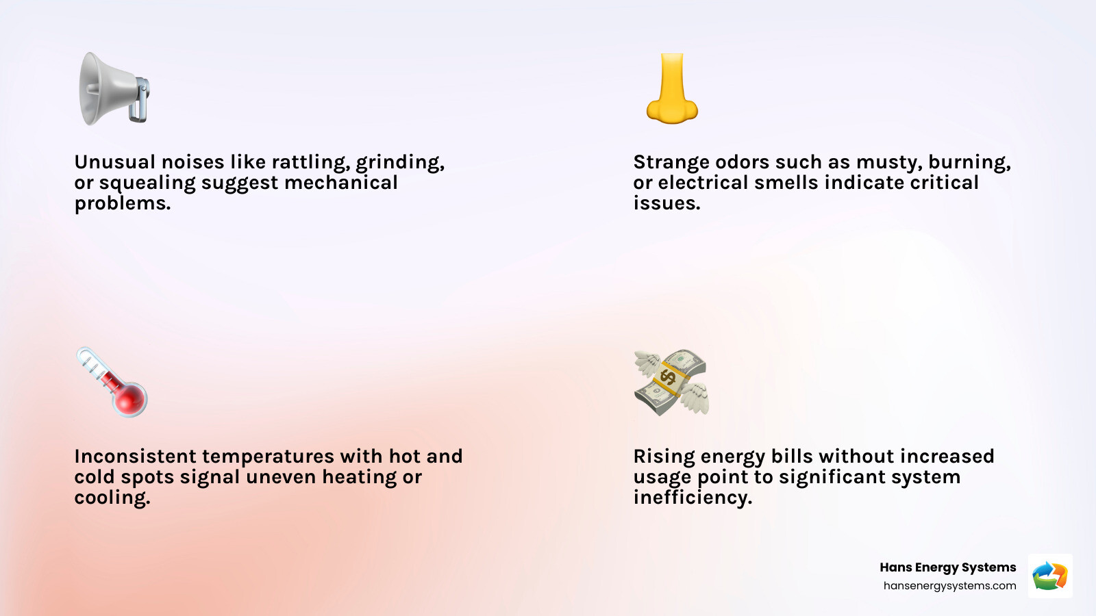 Infographic showing warning signs of commercial HVAC failure including unusual noises from equipment, strange odors in building air, inconsistent temperatures across zones, poor airflow from vents, rising energy bills on utility statements, and frequent system cycling with timeline indicators for immediate action - Business HVAC repair infographic 4_facts_emoji_light-gradient Infographic showing warning signs of commercial HVAC failure including unusual noises from equipment, strange odors in building air, inconsistent temperatures across zones, poor airflow from vents, rising energy bills on utility statements, and frequent system cycling with timeline indicators for immediate action - Business HVAC repair infographic 4_facts_emoji_light-gradient