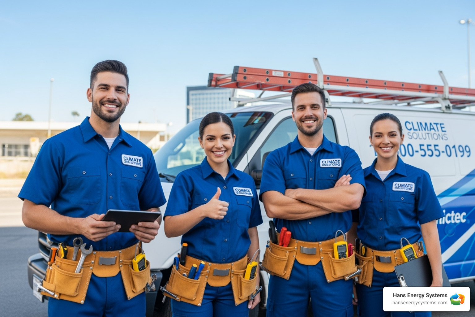 Team of professional HVAC technicians in uniform, smiling and ready for work - Business HVAC repair Team of professional HVAC technicians in uniform, smiling and ready for work - Business HVAC repair