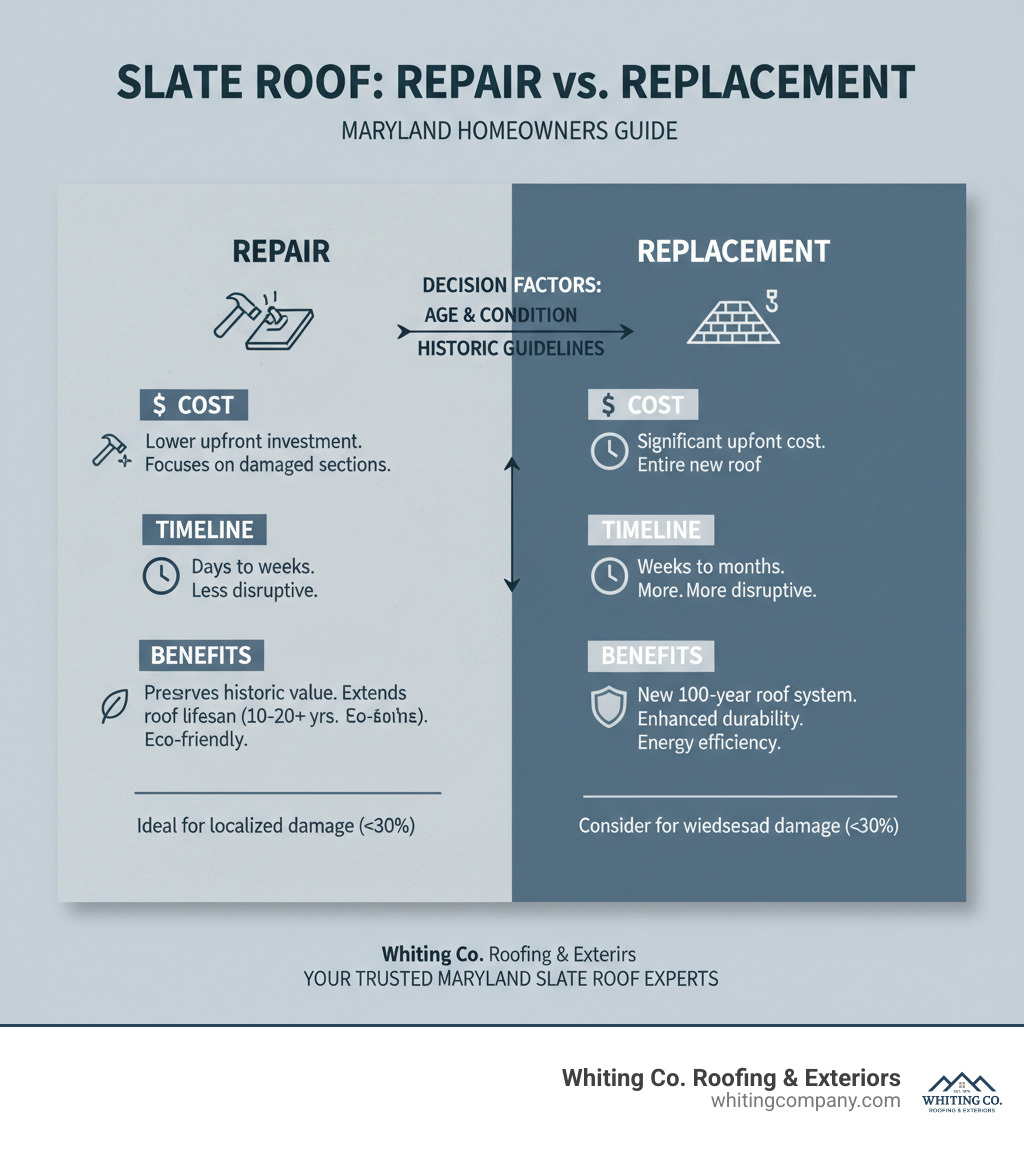 Comparison of slate roof repair vs. replacement costs, timeline, and benefits - Slate roof repair Maryland infographic 