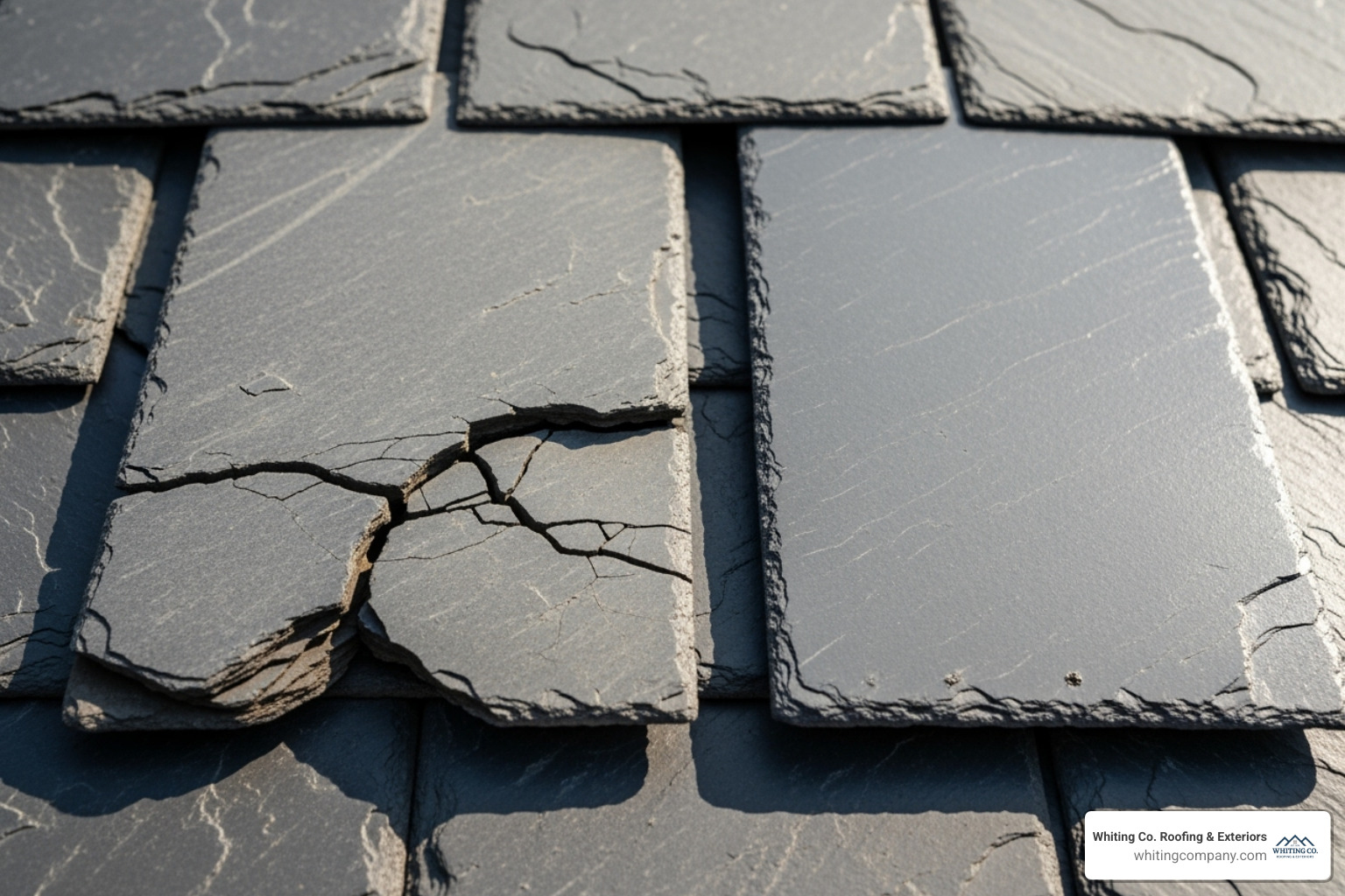 A close-up showing a cracked slate tile next to a properly installed one - Slate roof repair Maryland