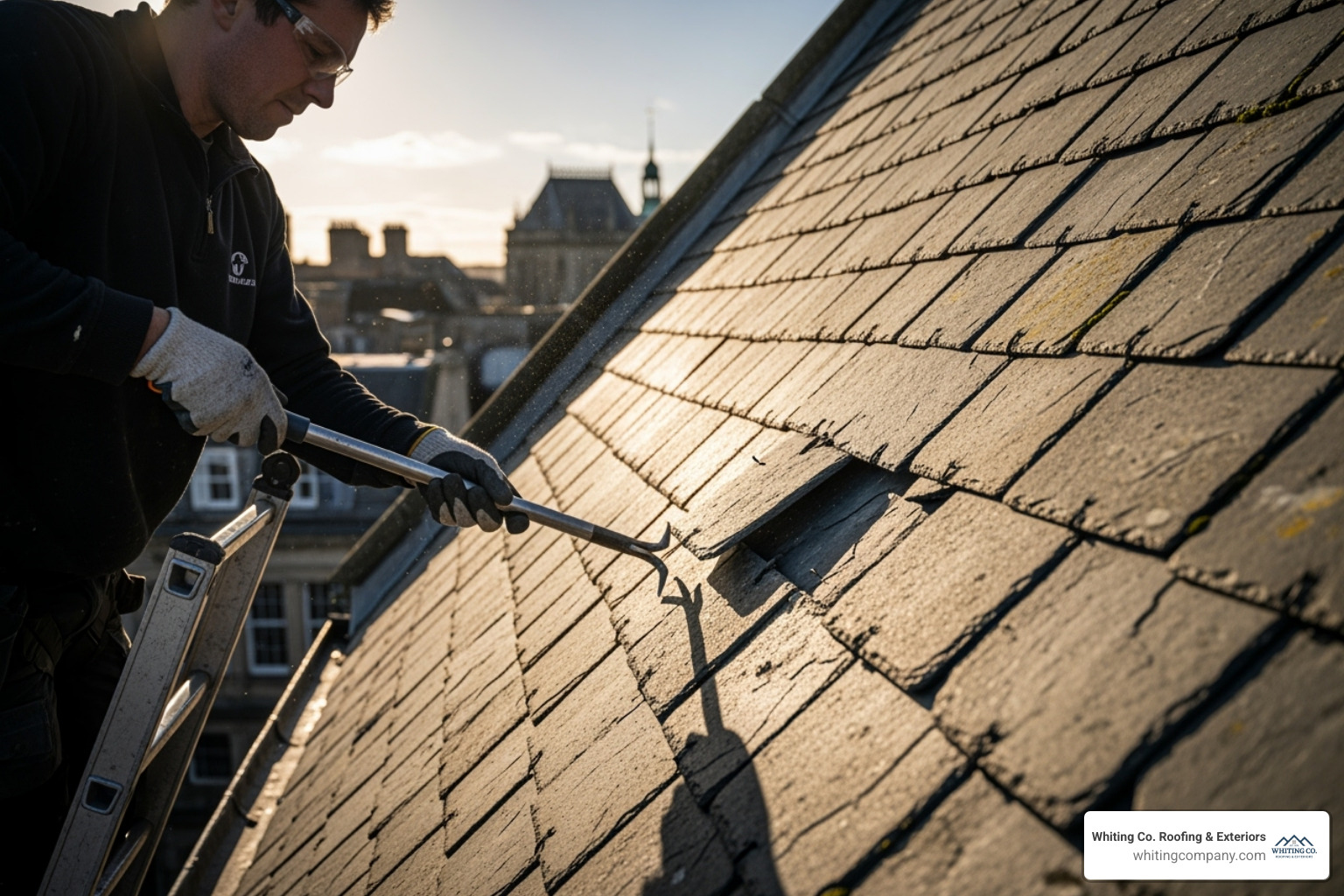 A skilled roofer using a slate ripper to carefully remove a damaged tile - Slate roof repair Maryland
