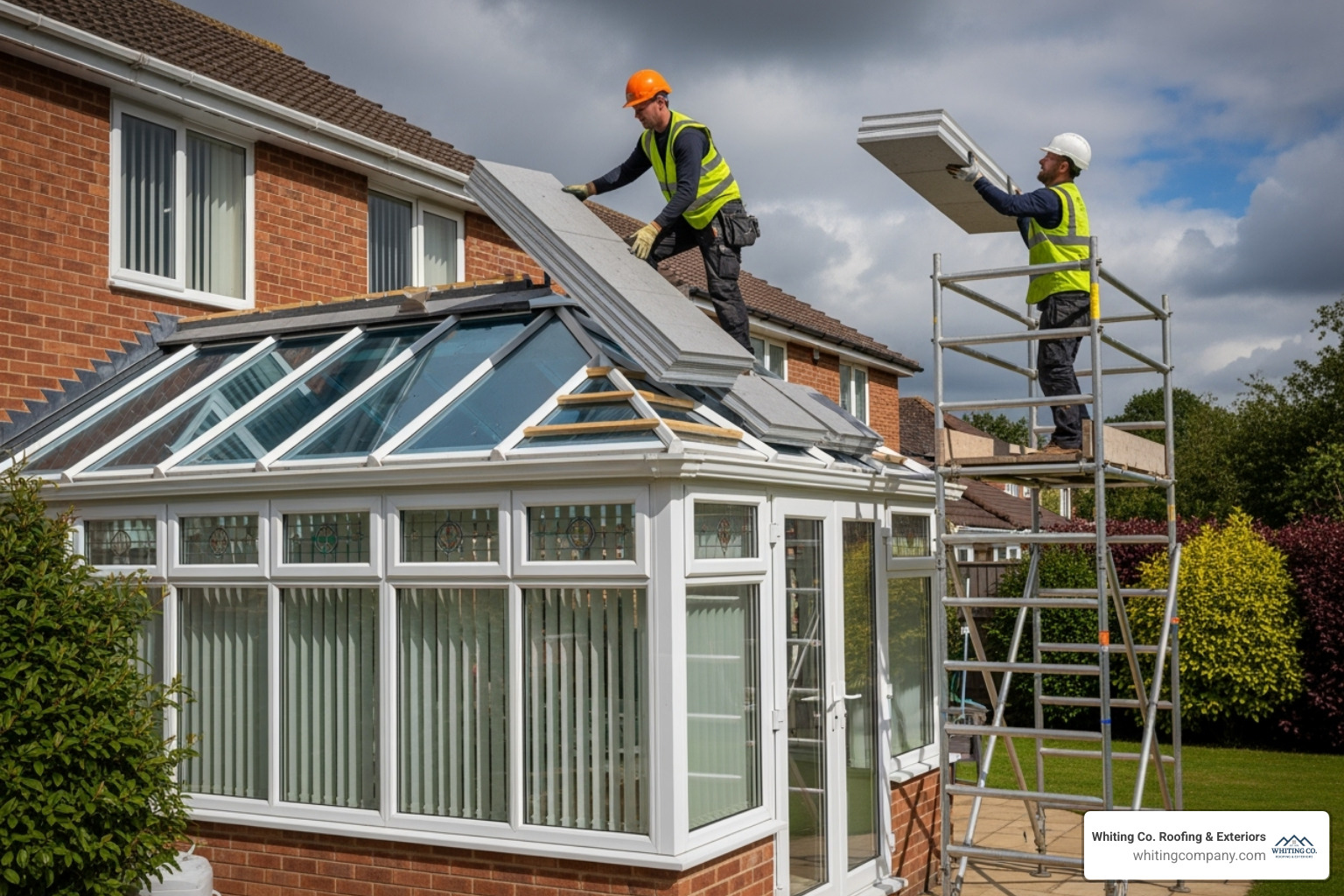A professional team installing insulated roof panels - conservatory roof panels prices
