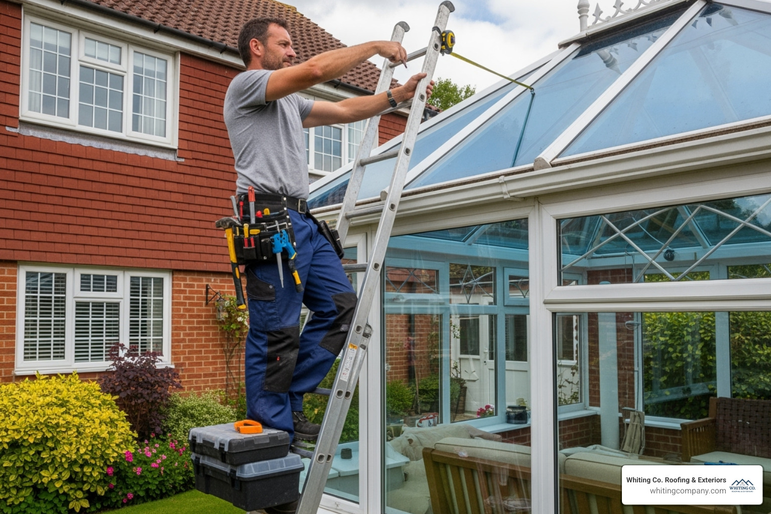 A roofing professional measuring a conservatory for a replacement quote - conservatory roof panels prices