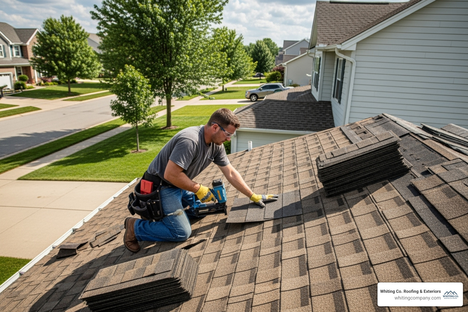 A roofer carefully working on replacing shingles on a residential roof, ensuring proper alignment and sealing. - roof repair prices