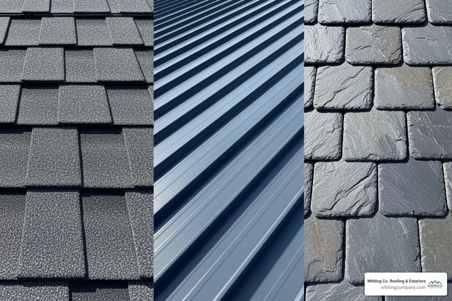An image showcasing different types of roofing materials like asphalt shingles, metal panels, and slate tiles, highlighting their distinct textures and appearances. - roof repair prices