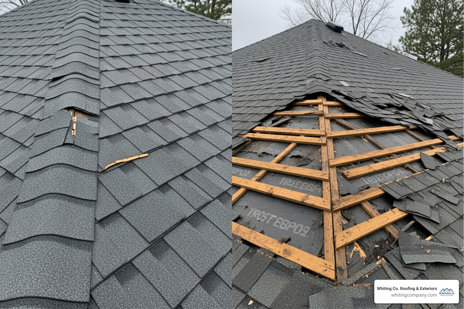 A split image showing a roof with minor, localized damage on one side, and on the other, a roof with widespread, severe damage indicating the need for full replacement. - roof repair prices